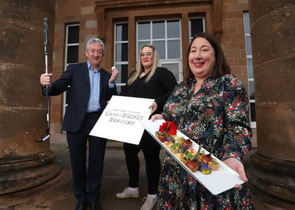 Marking Northern Ireland's growing reputation as a food, golf and Game of Thrones destination are (l-r) John McGrillen, Chief Executive of Tourism NI, Pia-Marlen Veit, Service Reisen Frankfurt and Siobhan McManamy, Director of Markets, Tourism Ireland. Pic William Cherry