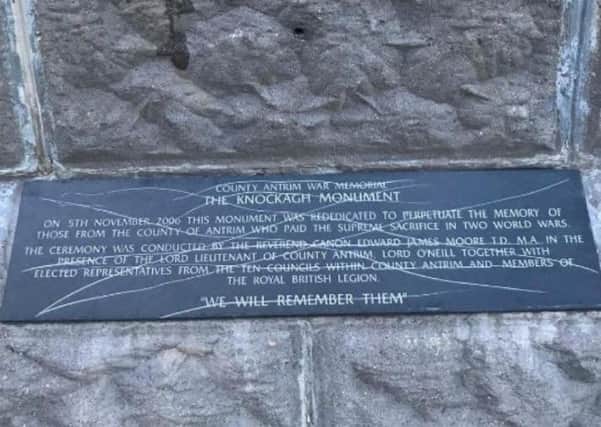 A plaque at Knockagh Monument has been vandalised. Pic courtesy Jake McAtamney.