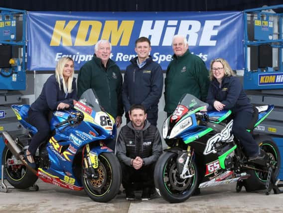 Pictured at the launch of the 2019 KDM Hire Cookstown 100 in the Mid Ulster town are Kenny Loughrin and Norman Crooks of the Cookstown Club, Rebecca Carson, John Caddoo and Lynsey Turkington of KDM Hire and top road racer, Michael Sweeney. Picture: Stephen Davison.