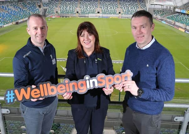 Steven Mills, Club Development Officer with Northern Ireland Football League, Antoinette McKeown, Sport Northern Ireland CEO and Oisin McConville, Sporting Chance Facilitator and recently announced Sport Northern Ireland Mental Health Ambassador.