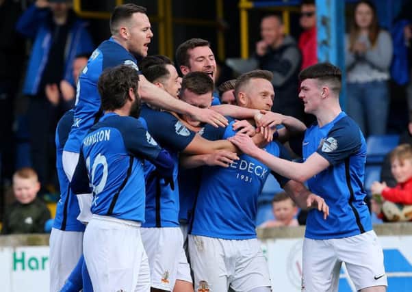 Celebration time for Glenavon following injury-time success over Crusaders. Pic by Pacemaker.