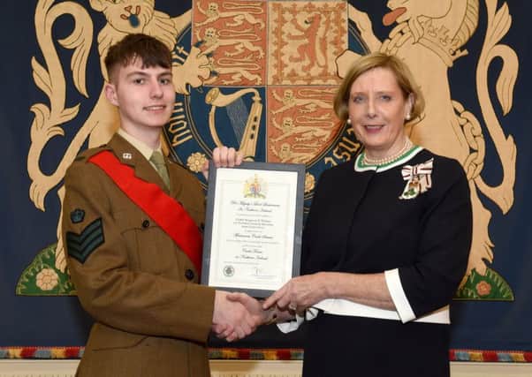 The newly appointed Lord Lieutenants Cadet for the County of Londonderry, pictured receiving his award certificate from Mrs Millar is Cadet Sergeant Ethan Wilson, an enthusiastic and high-achieving member of the Newbuildings Detachment Army Cadet Force.
