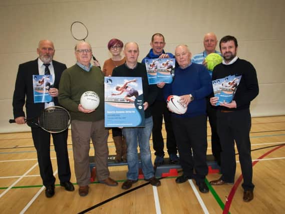 SPORTS AWARDS LAUNCH. . . .Pictured at the launch of the 2018/19 Derry City and Strabane District Council Sports Awards at the Foyle Arena are, from left, Bill Anderson, Institute FC, Seamus McGilloway, Chair, District Sports Forum, Anne Robinson, Aodhan Harkin, Vice Chair, Jim Green, Willie Lamrock, Harry Rutherford and Aidan Lynch, Sports Development Manager, Derry City and Strabane District Council.