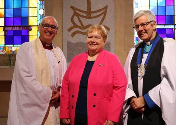 New Connor Mothers Union President Mrs Sally Cotter with Archdeacon Stephen McBride, Connor MU Chaplain, left, and the Very Rev Stephen Forde, Dean of Belfast.