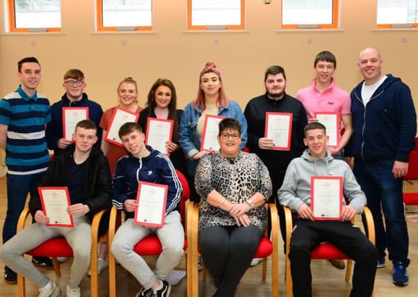 L to R back row; Conor Hassan (Assistant Team Leader), Andrew Barr, Chelsea Harley, Shania Watson, Blathnaid Kenny, Paul Leech, Ethan Quigley, Sean Curran (Team Leader). 
L to R sitting; Jack Armstrong, Tiarnan Murray, Karen Moore (Head of Dept, Training and Skills), Evan McLaughlin.
