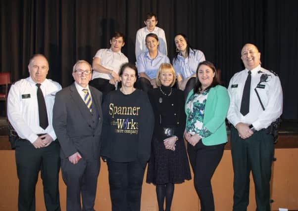 The cast of Read All About It pictured with PSNIs Stephen Rainey, David McCann of Ballymena Learning Together, Patricia Downey Spanner in the Works, Elma Lutton Cambridge House, MEABCs Bebhinn McKinley and Chief Inspector Stephen Humphries