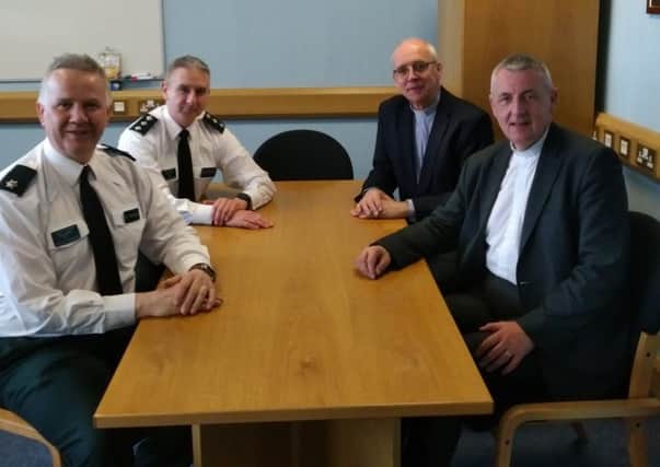 The Presbyterian Moderator with senior officers at Strand Road PSNI Station, Londonderry. Pictured l-r are PSNI's Derry City and Strabane District Commander T/Superintendent Alan Hutton, T/Chief Inspector Jonny Hunter, Very Rev Dr Rob Craig and the Moderator, Dr Charles McMullen.