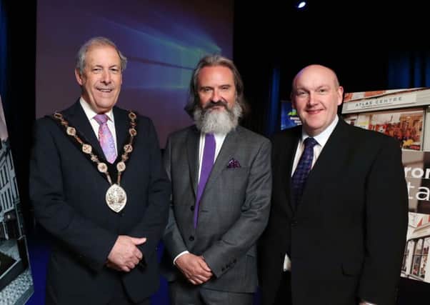 Pictured at the Sharing Experience, Shaping the Future Regeneration Conference in Lisburn is the Mayor of Lisburn & Castlereagh City Council, Councillor Uel Mackin; Retail Futurist and keynote speaker Howard Saunders and Chairman of the Development Committee, Alderman William Leathem.
