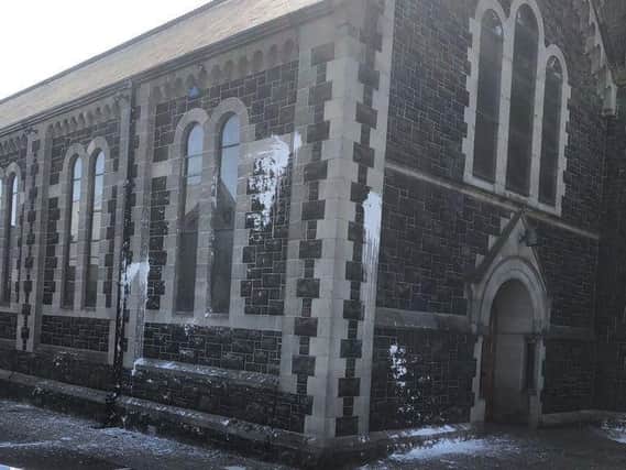 The Sacred Heart Church in Ballyclare following the paint bomb incident.