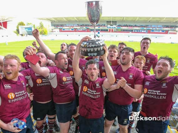 Enniskillen celebrate their Towns' Cup success against Ballyclare in the final at Kingspan Stadium on Easter Monday