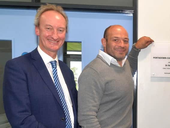 Simon Harper with Ireland and Ulster rugby star Rory Best at the opening of Portadown College's new sports facilities in 2018
