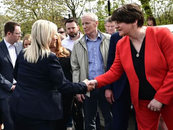 DUP leader Arlene Foster and Sinn Fein vice president Michelle O'Neill in Londonderry following the shooting of journalist Lyra McKee. Photo Colm Lenaghan / Pacemaker Press