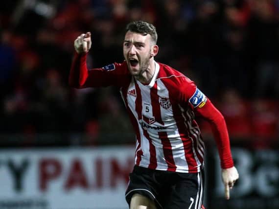 Derry City's Jamie McDonagh celebrates scoring against Cork City.