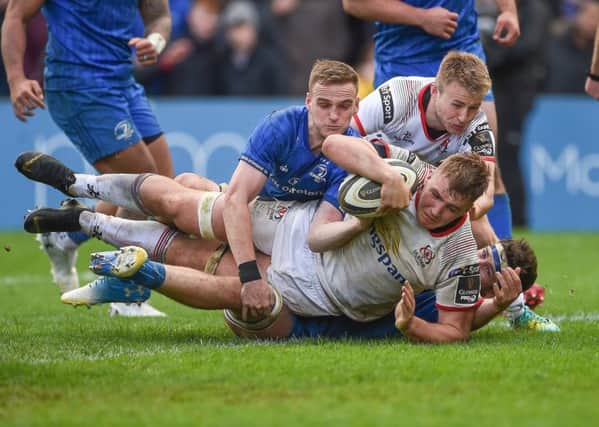 Marcus Rea scores a try on his Ulster debut against Leinster
