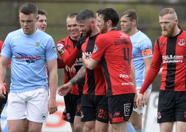 Rory Patterson celebrates scoring for Crusaders against Ballymena United. Pic by INPHO.