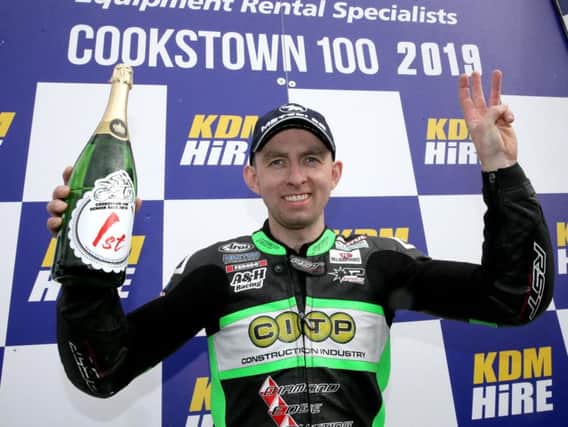 Derek McGee won the Moto3, Supertwin and feature Superbike races at the KDM Hire Cookstown 100.