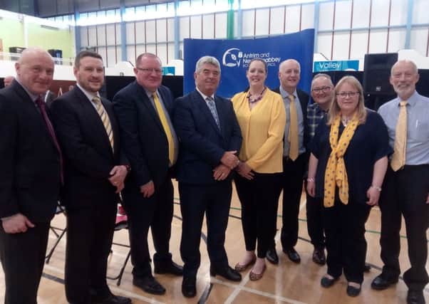 Alliance party figures (titles correct at time of picture) MLA John Blair, Julian McGrath (councillor), Neil Kelly (councillor), Billy Webb (councillor), Vikki McAuley (council candidate), Paul Campbell (councillor), Gary English (council candidate), Julie Gilmour (council candidate), David Ford (ex-leader)