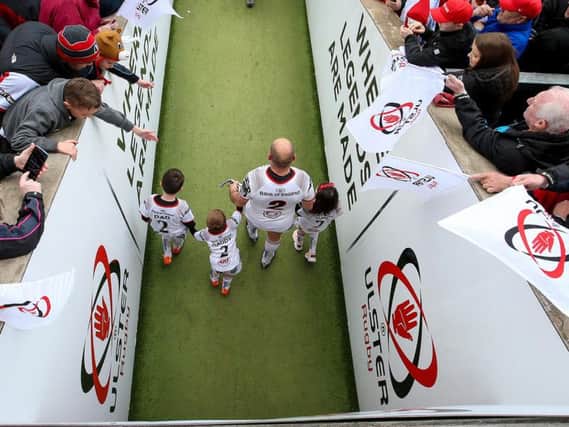 Ulster captain Rory Best emerges from the tunnel at Kingspan Stadium with his children Ben, Penny and Richie