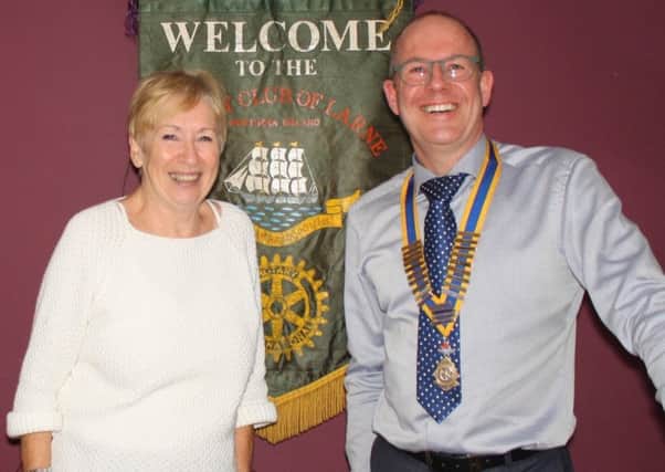 President Michael Thompson welcomes relationship manager Vickie Chambers of The Ulster Wildlife Trust to the Rotary Club of Larne.
