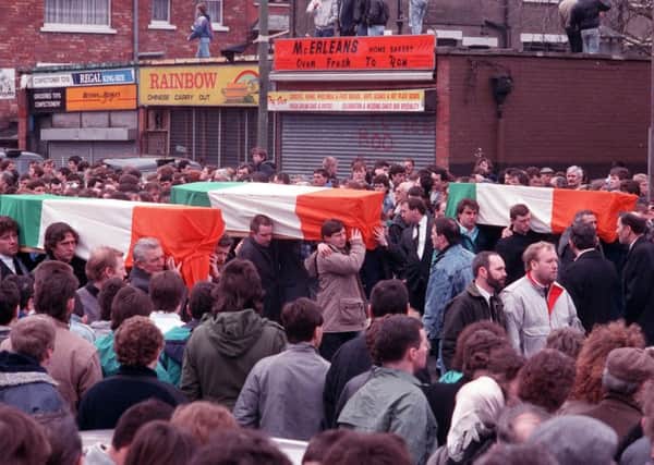 The funeral of three IRA Gibraltar bombers in 1988. The fourth bomber, Peter Rooney, died in Belfast last week