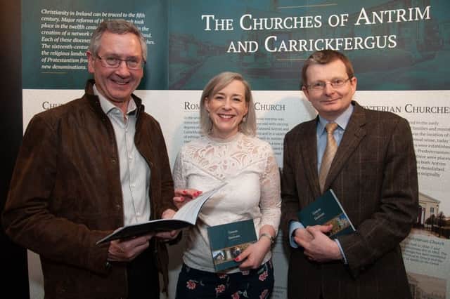 Dr William Roulston, director of the Ulster Historical Foundation (right), Shirin Murphy and Brian Blair, from Carrickfergus Congregational Church, who was instrumental in arranging a loan of church objects to the museum.