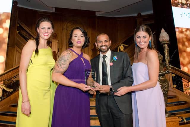 Sensata was the winner of three awards including Best Race Initiative. Pictured are (l-r) Paolina Hawthorne, Managing Director, Diversity NI; Adriana Morvaiova and Lirin Cyriac, from Sensata and Sarah Travers, awards host.
