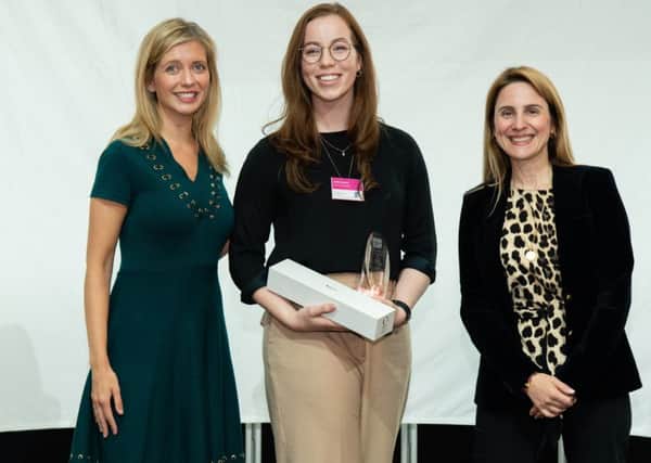 Pictured at the Undergraduate of Year Awards at East Winter Garden, Canary Wharf, London (L-R): Rachel Riley, 2019 Awards Host; Judith Cameron from Queen's University Belfast, UK Female Undergraduate of the Year; and Maria Kokkinou, Global Head of Talent, Leadership and Capabilities, Rolls-Royce.