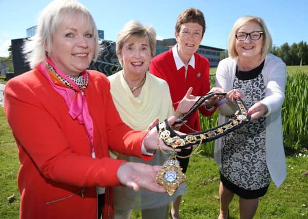 The Mayor of Causeway Coast and Glens Borough Council, Councillor Brenda Chivers (Sinn Fein) right  pictured with Councillor Joan Baird (UUP), second right,  Councillor Michelle Knight-Mc Quillan (DUP) left and former Alderman Maura Hickey (SDLP) third right who have each served as Mayor of Causeway Coast and Glens Borough Council. PICTURE KEVIN MCAULEY/MCAULEY MULTIMEDIA
