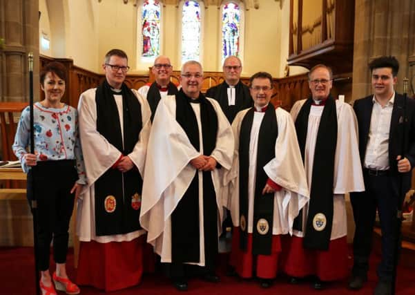 At the institution of the Rev Malcolm Ferry in Agherton Parish, Portstewart are, from left: Kim Gillan, Rectors Warden; the Ven Robert Miller, Archdeacon of Derry, preacher; the Ven Stephen McBride, Archdeacon of Connor; the Rev Malcolm Ferry; the Rev Canon William Taggart, Registrar; Bishops Commissary, the Ven Paul Dundas, Archdeacon of Dalriada; the Rev Canon George Graham, rector of Dunluce Parish and Rural Dean; and Ross McLaughlin, Peoples Warden.