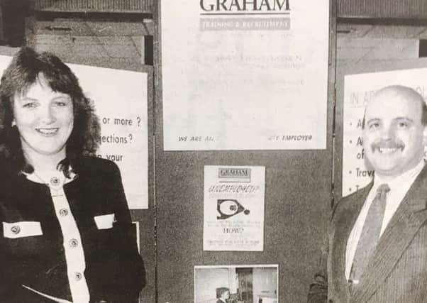 Dorothy Greenaway and Paul Carvell at the Graham Training and Recruitment stand at Craigavon Shopping Centre for Adult Learner's Week in 1992