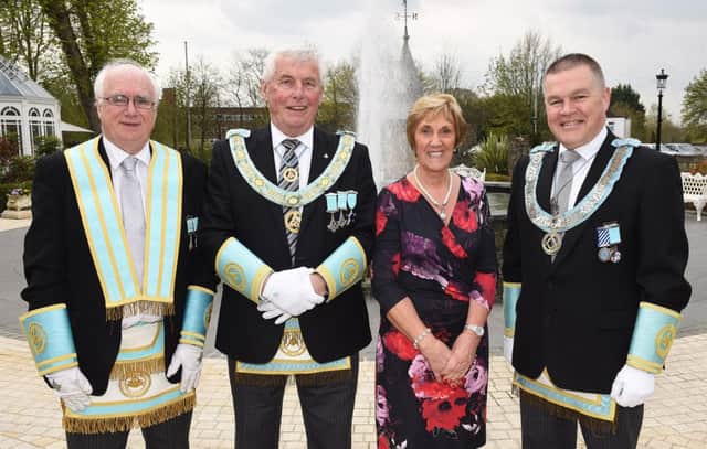 Maurice Lee, Past Provincial Grand Master of Tyrone and Fermanagh with newly appointed Provincial Grand Master of Antrim, John McLernon and his wife Jennifer with Johnny Woods Provincial Grand Master of Tyrone and Fermanagh