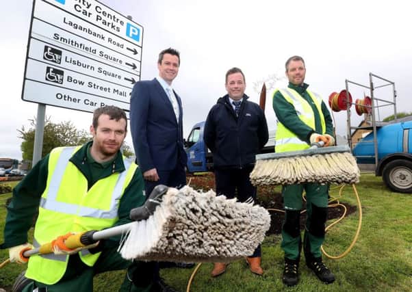 David Burns, Chief Executive of Lisburn & Castlereagh City Council meets up with some of the Grounds Team who have been cleaning signage across the council area.  They are Lee Jackson, Philip McConnell and Stephen Mackle.