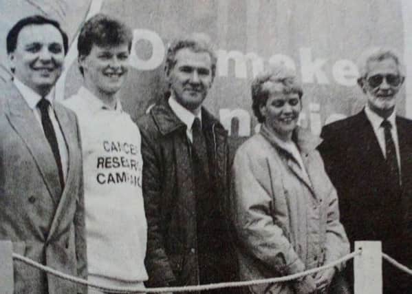 The Cancer Research Campaign float which was built by North East Training Services for the Lord Mayor's Show. Included are representatives of Cancer Research and NETS Joinery. 1991.