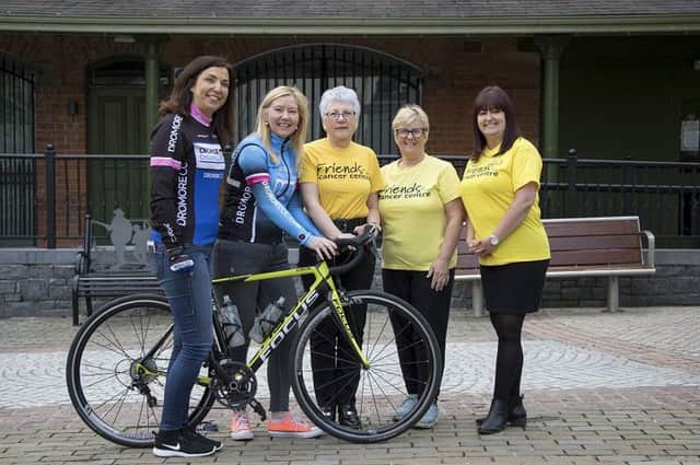 Beth Reid, Janet Nelson and Claire Hogarth from Friends of the Cancer Centre help Dromore Cycling Club members Heather Dobbin and Andrea Quinn launch its Twelve Kings Challenge sportive taking place on June 16
