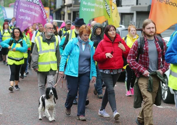 The peace walk in memory of murdered journalist Lyra McKee set off from Belfast on Saturday morning. Pic: Jonathan Porter/PressEye