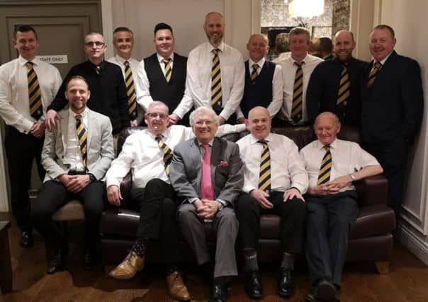 Dromore Amateurs Football Club officials at the clubs 60th anniversary celebrations at the Millbrook Lodge Hotel in Ballynahinch. Back row: William McMurray, secretary; Keith Halliday, committee; Roderick McMurray, treasurer; Chris Tate, committee; Russell Ward, chairman; Ned Walsh, committee; Malcolm Russell, committee; Colin Gilliland, committee, Darren McCauley, committee. Front row: Graeme Davis, first team manager; Brendan Maginess, president; Jackie Fullerton; Chris McDonald, vice president, sponsor and Moundview Eurospar proprietor; Ronnie McMurray, vice president
