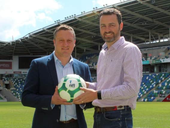 Andrew Johnston (NI Football League) and Paul Sherratt (uhlsport UK) at the launch of the new extended partnership between the parties which will last until season 2021/2022.