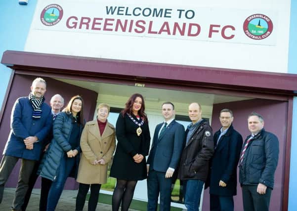 Guests at the ceremony to mark the start of work on Greenislands new 3G pitch in November of last year.