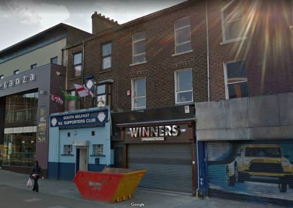 Taken from Google Streetview, May 2015, the shuttered front of Winners 777 in Shaftesbury Square, Belfast