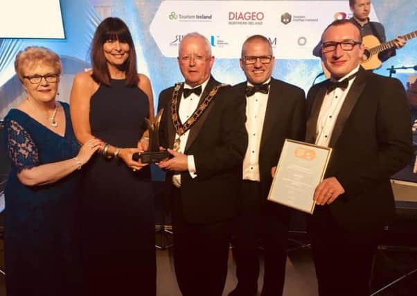 Mayor of Antrim and Newtownabbey , Alderman John Smyth, Councillor Paul Dunlop, Councillor Vera McWilliam, Head of Arts & Culture, Ursula Fay and Samuel Hyndman Garden Operations and Development Officer receive award for Authentic NI Experience of the Year (Site Based) at the recent NI Tourism Awards 2019.