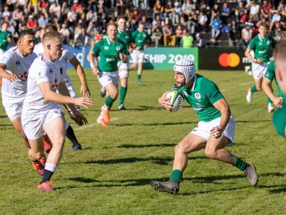 Ulster and Ballynahinch fullback Iwan Hughes in action for Ireland against England