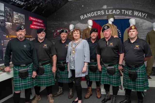 L t R: Steven Berry, John McPhee, Dan Mead, the Mayor of Mid and East Antrim, Cllr Maureen Morrow, Dave ODear, Brendan Durkan and Scott Kowell.