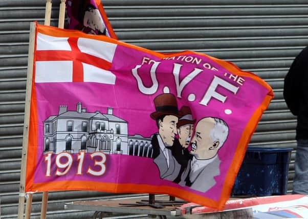 One of the Ulster Volunteer Force (UVF) flags used in east Belfast in previous years. Photo: Paul Faith/PA Wire