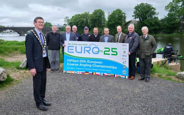 Partners and sponsors unite on Mid Ulster Councils coarse angling facility at Portglenone ahead of the world-renowned coarse fishing championships set to take place on the Lower River Bann in less than a months time.  Pictured are Chair of Mid Ulster District Council, Councillor Martin Kearney, Stephen Douglas, Waterways Ireland, Councillors Ian Milne and Sean McPeake, Edward Montgomery, Honorable Irish Society and Oliver McGauley, Hon. President of the National Coarse Fishing Federation of Ireland.