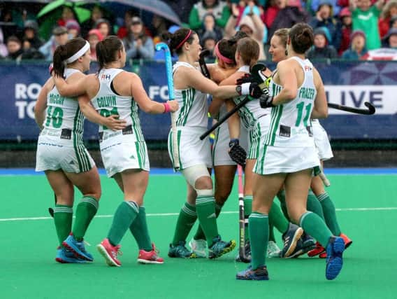 Ireland celebrate Bethany Barr's goal against Malaysia