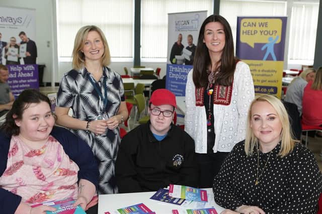 Elaine MacAuley, Inclusive Learning lecturer at Northern Regional College, and Kim Anderson, Project Coordinator from WE CAN Training and Employment, (standing) are pictured with Transition2Work student Barry Anderson, his sister Shauna and Marion Walker, Services Manager from Cedar (all seated). Barry has completed successful work placements with Can Can Bazaar in Ballymoney, part of Compass Advocacy Network Social Enterprise.