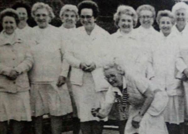 Mildred Crooks, Lady President of Carrickfergus Bowling Club throws the first bowl to open the new Ladies' Section season. 1991