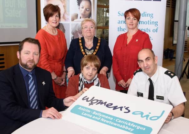 The Commissioner for Older People for Northern Ireland - Eddie Lynch, Womens Aid ABCLN Ambassador Cllr Noreen McClelland, Mid & East Antrim Deputy Mayor Cllr Beth Adger, Womens Aid ABCLN CEO Rosemary Magill, MLA Pam Cameron, PSNI Chief Superintendent Simon Walls.