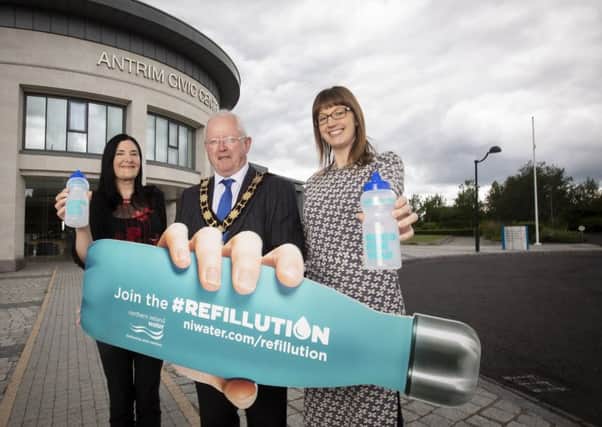 Mayor of Antrim and Newtownabbey, Ald John Smyth, Suzanne Wilkinson, NI Water and Lynsey Daly, Antrim and Newtownabbey Borough Council lend their support to the NI Water Refillution campaign.