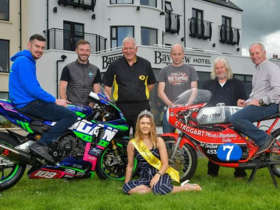 Pictured at the launch of the Bayview Hotel Armoy Road Races are (from left): Neil Kernohan and Paul Jordan; Bill Kennedy MBE, Clerk of the Course; Tommy Henry, Armoy Armada member Jim Dunlop and Ian Lougher, with Miss Armoy 2018, Lauren Trotter.